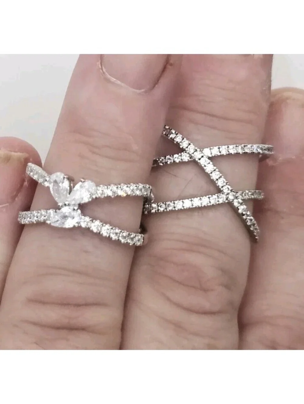 Lot of 2 CZ Pave Rings Size 7 Rhodium Plated Butterfly & Criss Cross X Ring NWOT